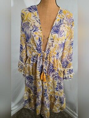 Tassel-Tie Floral Swim Coverup in Yellow & Purple